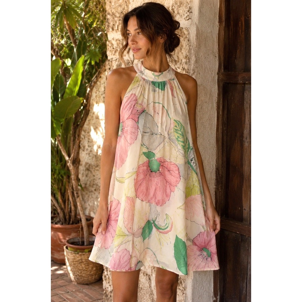 Entro Tropical Floral Halter Dress Large Resort Vacation Romantic‎ NEW